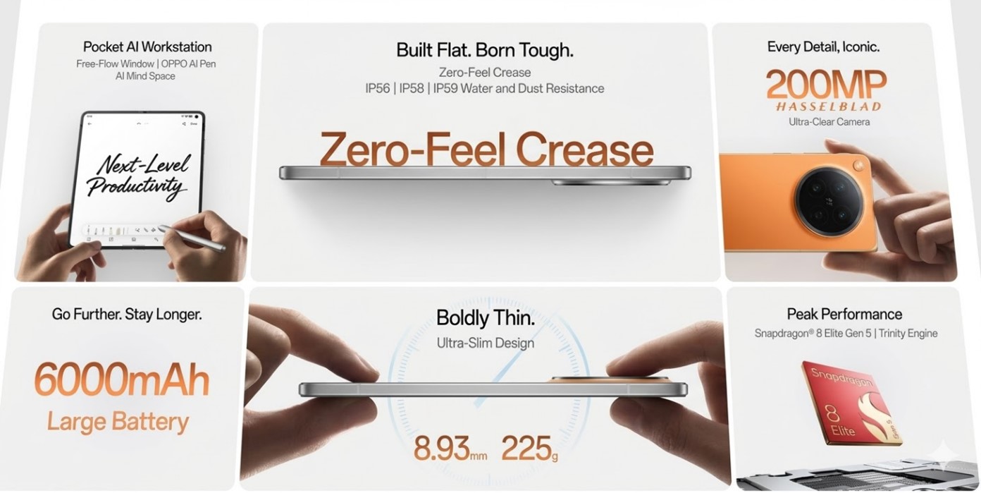 8.93mm 두께, 6000mAh 배터리, Zero-Feel Crease 등 OPPO Find N6의 핵심 스펙 이미지