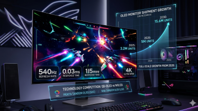 Ultra-wide curved OLED gaming monitor displaying a space racing game, accompanied by shipment growth forecasts and technology competition stats.