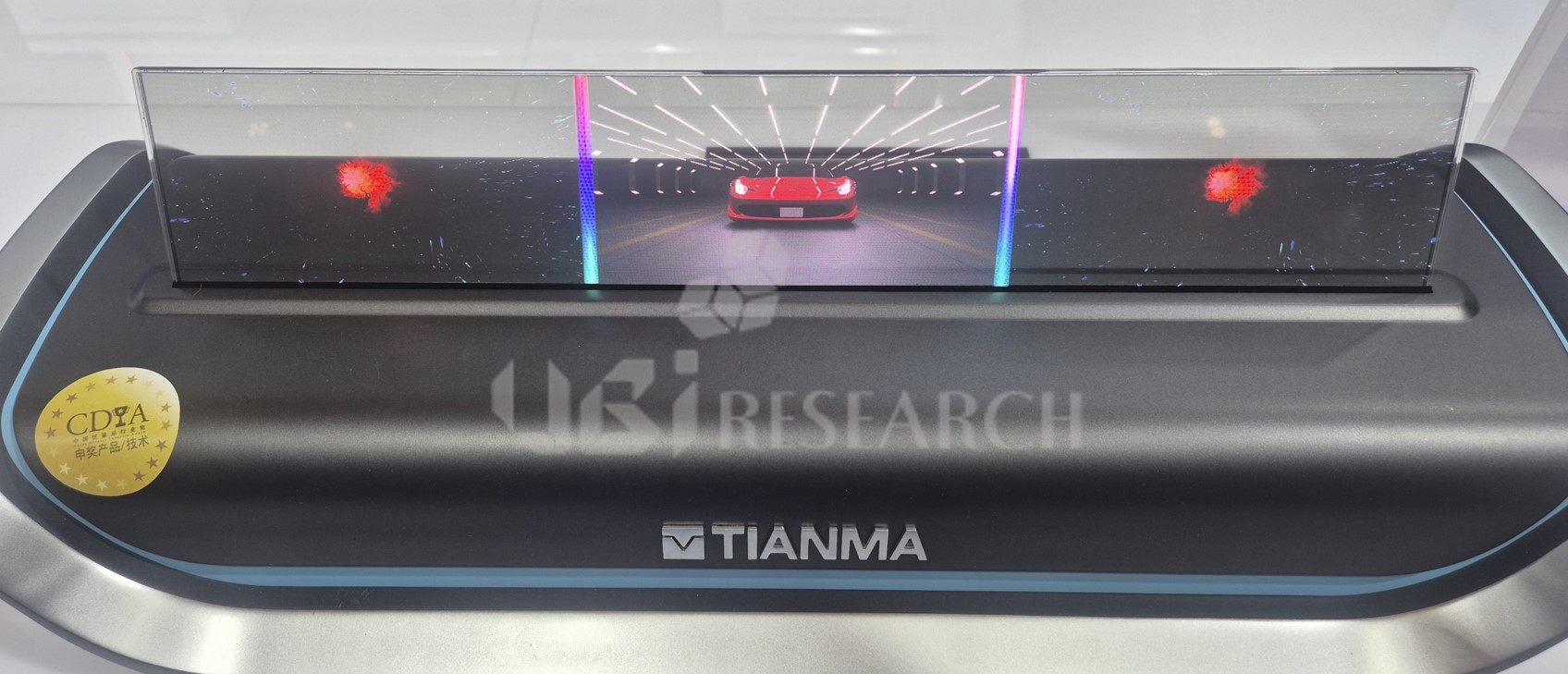 Tianma's 19-inch transparent Micro-LED automotive display featuring over 5000 nits ultra-high brightness at ICDT 2026